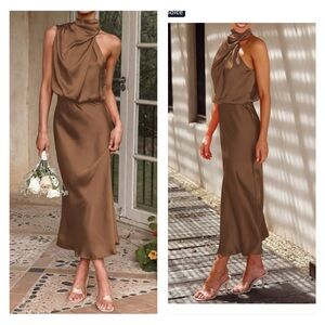 Summer Satin Dress Elegant Sleeveless Mock Neck Cocktail Party Maxi Dress